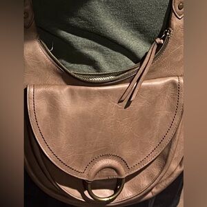 Women’s Taupe Leather-Style Hobo Bag with Ring Accent